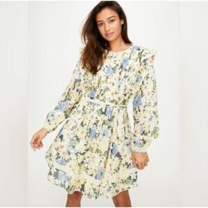 Wilfred Floral Pintuck Ruffle Dress in Blue, Cream & Green